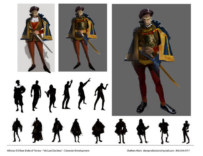 Character development sheet for Alfonso II D'Este with a rendered figure in armour and cape, plus two rows of black silhouette studies