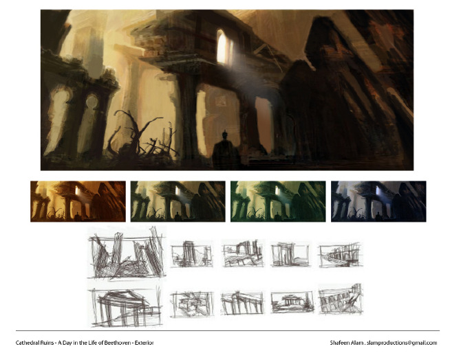 Cathedral ruins interior with light entering through a high window onto a seated figure, with four color keys and structural thumbnails