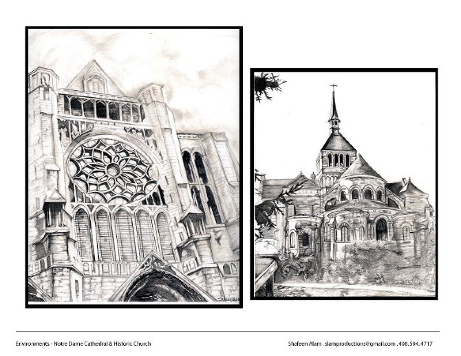 Two detailed graphite drawings, one of a Gothic rose window and facade, one of a Romanesque church with a spire seen from below