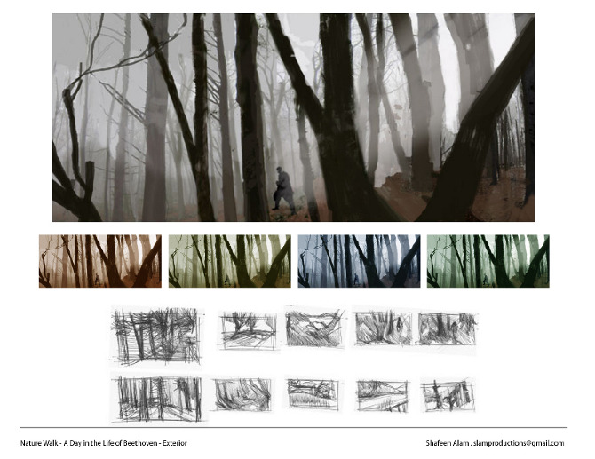 Environment concept of a figure walking through bare winter trees in fog, with four color key variants and ten compositional thumbnails below