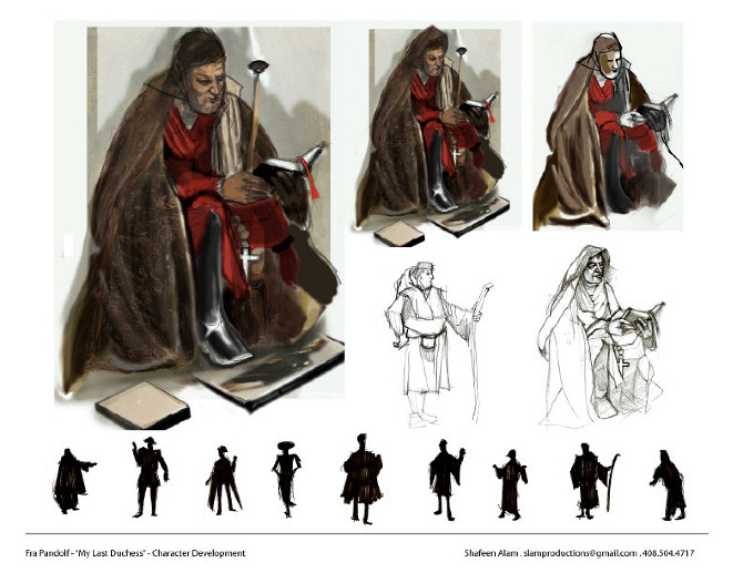 Character sheet for Fra Pandolf, a seated monk in a red robe and brown cloak reading, with structural studies and a silhouette row