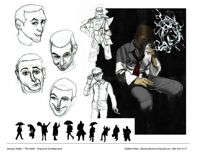 Character sheet for George Hadley with five head studies, costume drawings, and a rendered figure lit against black with smoke