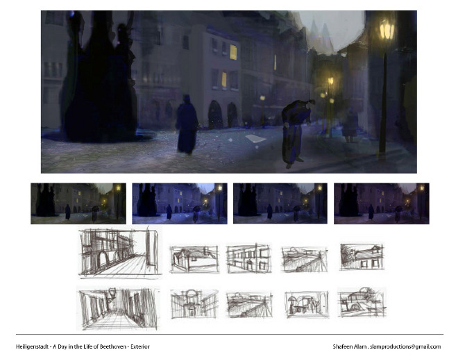 Night street scene in Heiligenstadt with two cloaked figures, lamplight and buildings receding, plus four color keys and perspective thumbnails
