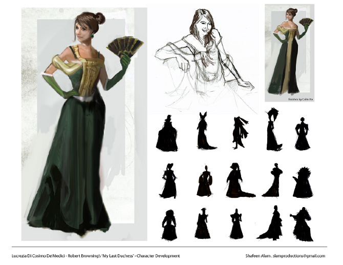 Character sheet for Lucrezia Di Cosimo De'Medici with a rendered figure in a green gown holding a fan, a gesture drawing, and fifteen silhouette variations