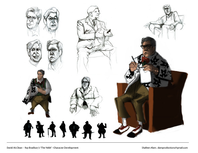 Character sheet for David McClean showing expression studies, seated structure drawings, a rendered figure in a patterned jacket and bow tie, and a silhouette row