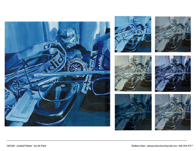 The same still life rendered almost entirely in blues, with six progress states