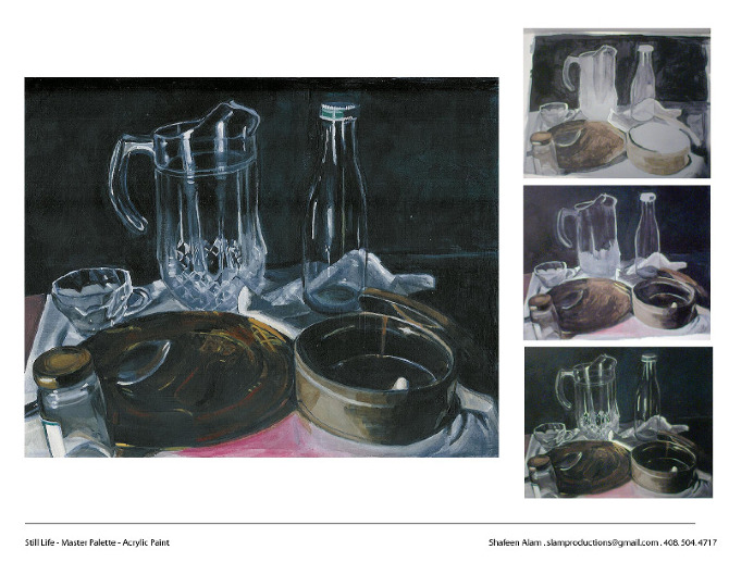 Acrylic still life of glassware, a metal bowl and a bottle against a dark ground, with three progress states beside it
