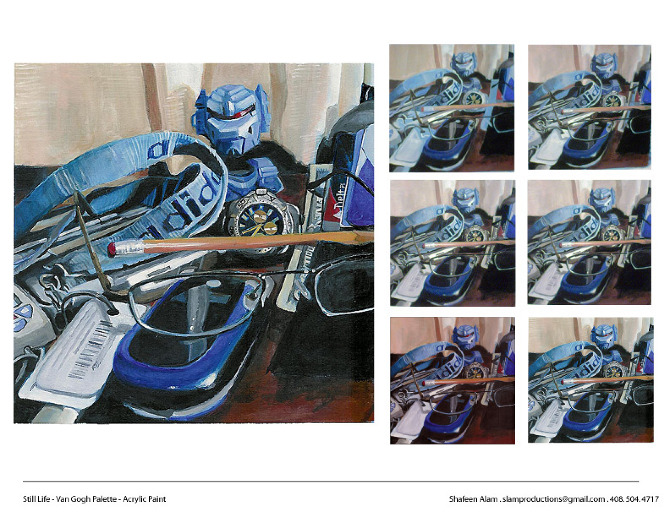 Acrylic still life of a blue toy figure, watch, sunglasses and a paintbrush, with six progress states beside it