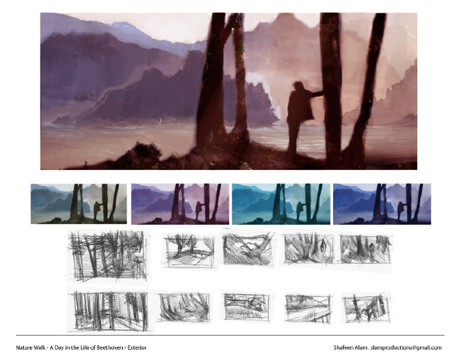 Environment concept of a figure standing between trees overlooking a purple mountain valley at dusk, with four color keys and thumbnails