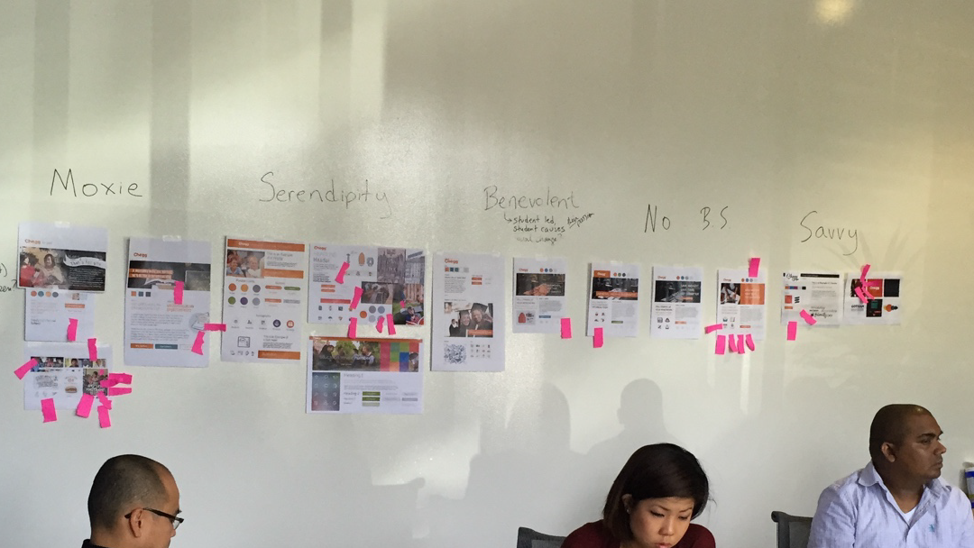 Printed Chegg screens taped along a whiteboard beneath handwritten headings reading Moxie, Serendipity, Benevolent, No BS and Savvy
