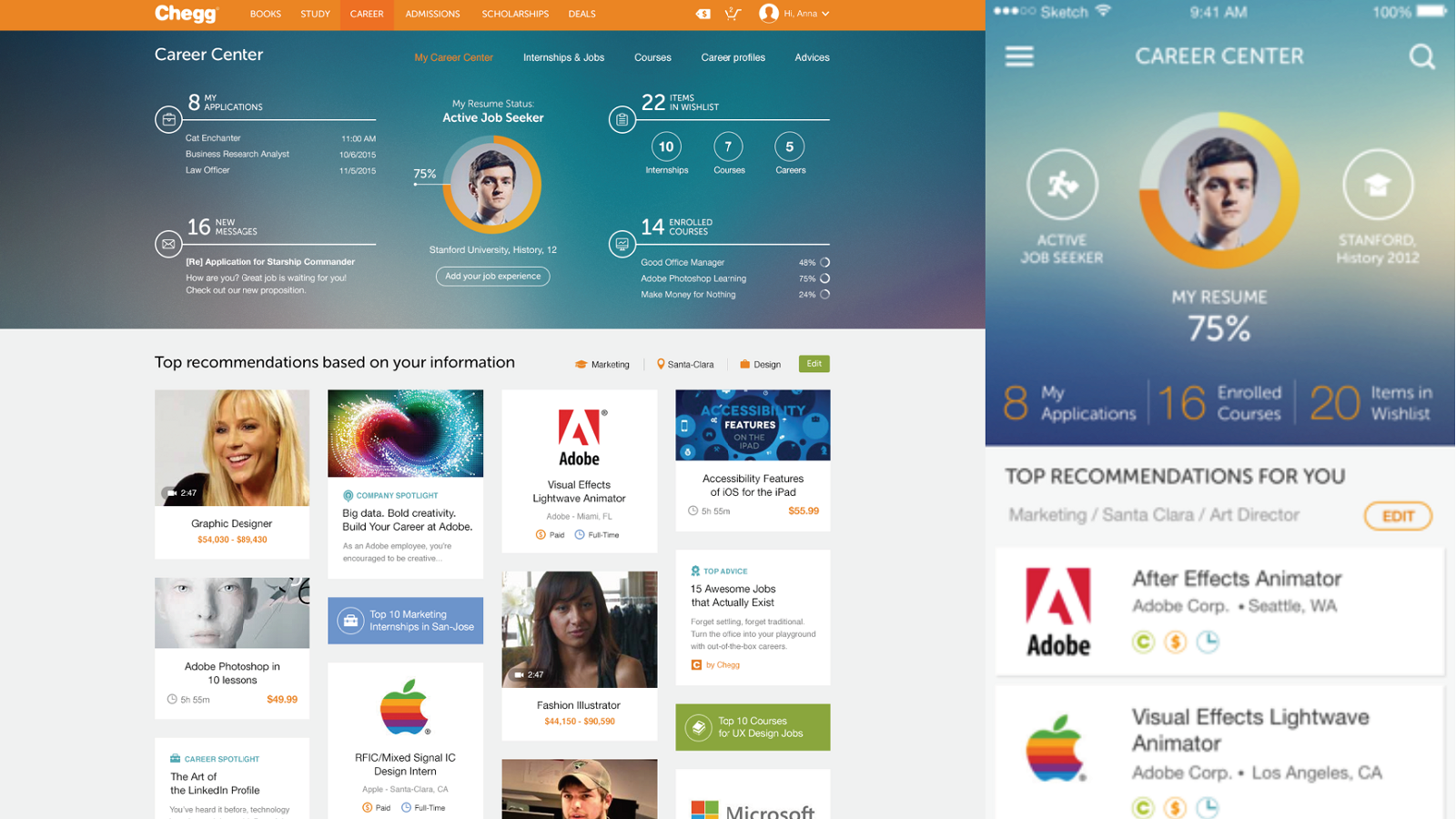 The Chegg Career Center personalized dashboard on web and mobile, showing résumé completion, applications, enrolled courses and tagged recommendations