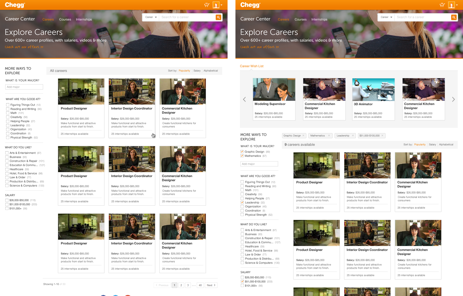 Chegg Explore Careers browse page with faceted filters for major, strengths, interests and salary, a grid of career cards, and a career wish list carousel