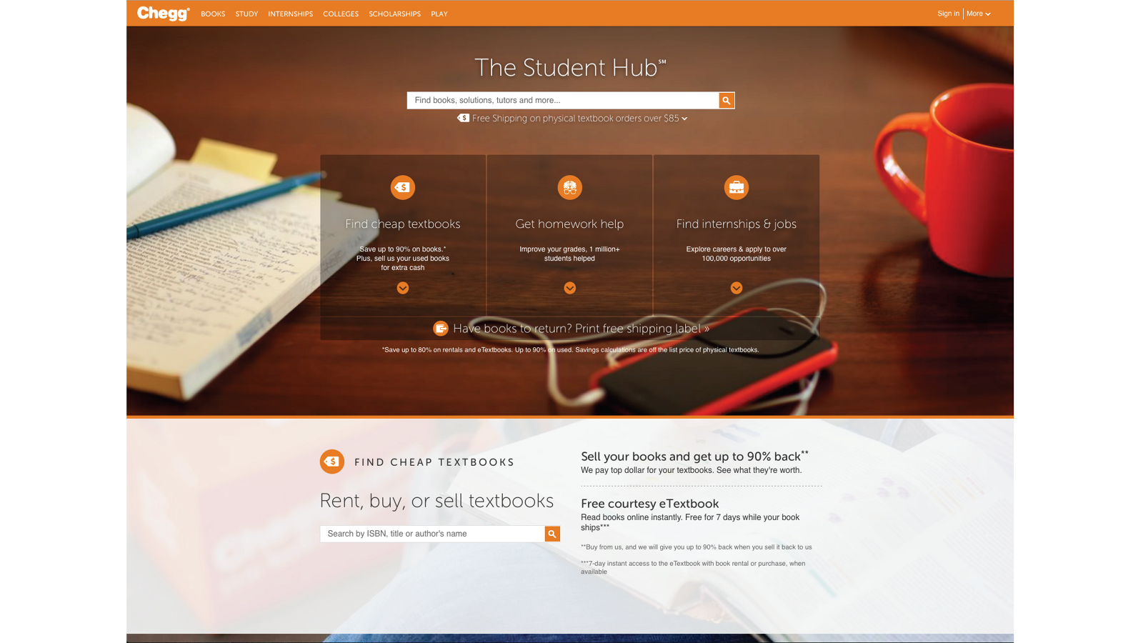 The original Chegg Student Hub homepage with a search field and three cards for cheap textbooks, homework help, and internships and jobs