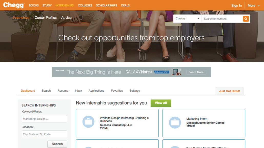 The original Chegg internships dashboard with keyword and location search fields and a list of internship suggestions