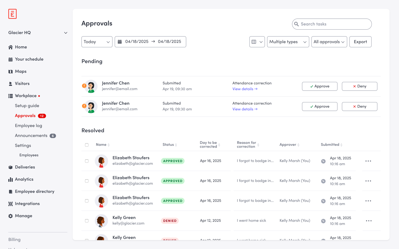 Envoy approvals dashboard showing pending and resolved attendance corrections