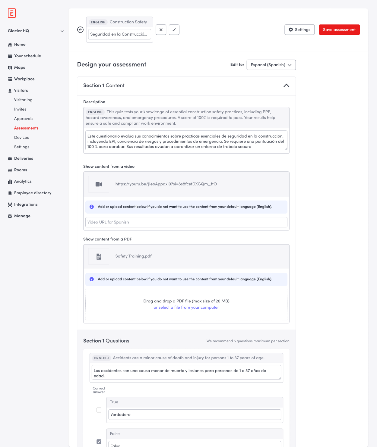 Assessment authoring in Spanish with each English source string pinned above its Spanish field, and per-language video and PDF slots with notes about inheriting the default language