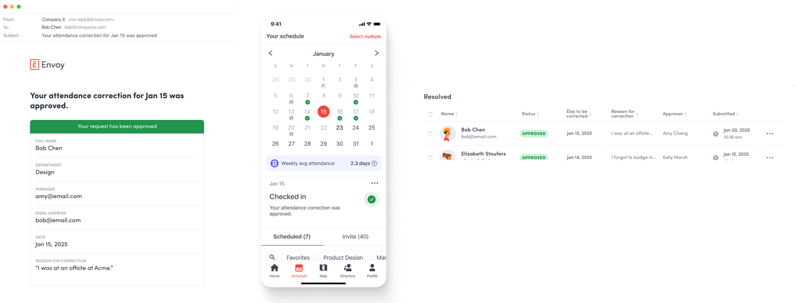 Approval notification email beside the employee's mobile schedule showing Checked in with the note that the attendance correction was approved, and the resolved approvals table