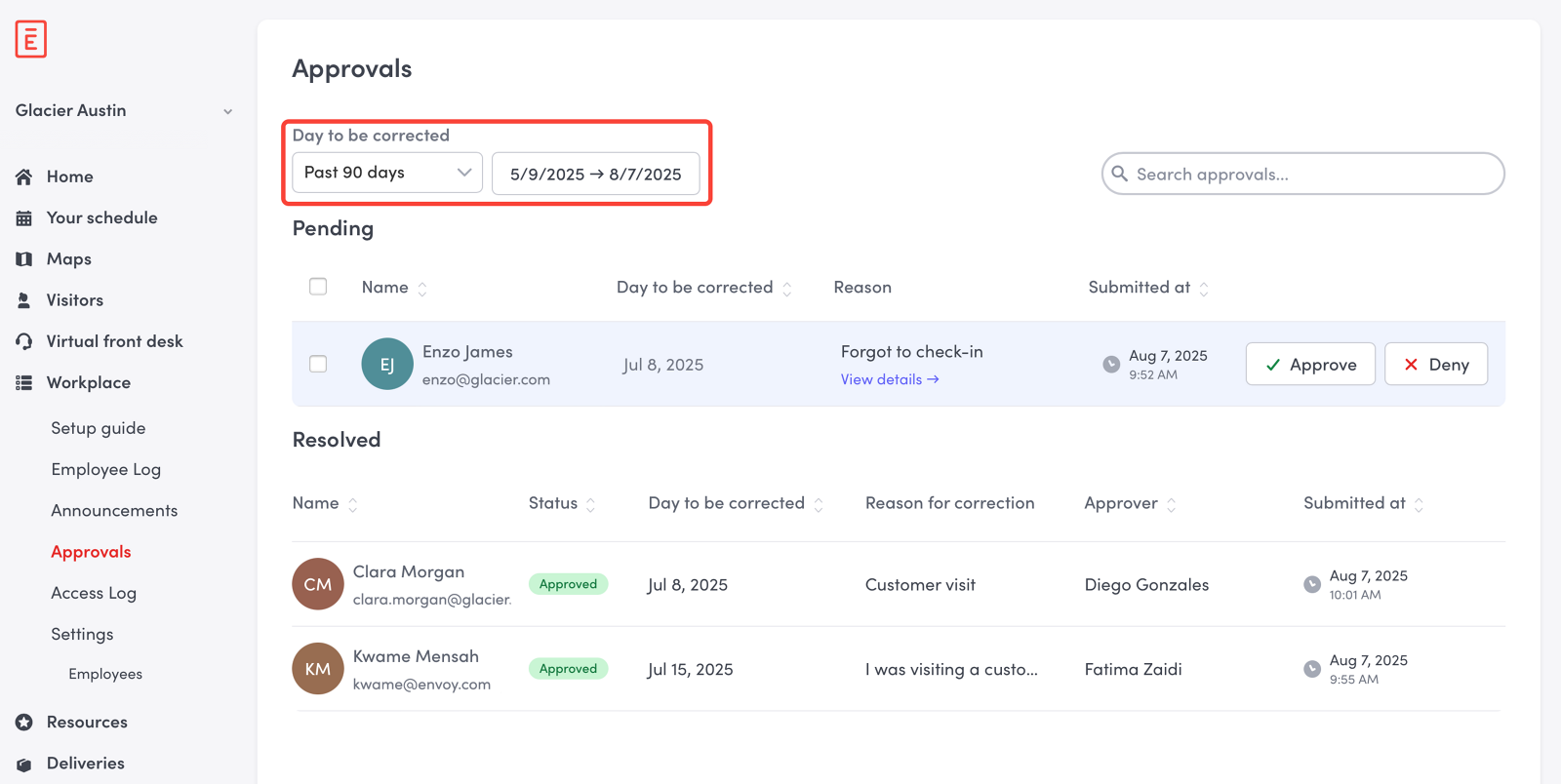 Approvals dashboard with the Day to be corrected filter highlighted, set to Past 90 days with an explicit date range