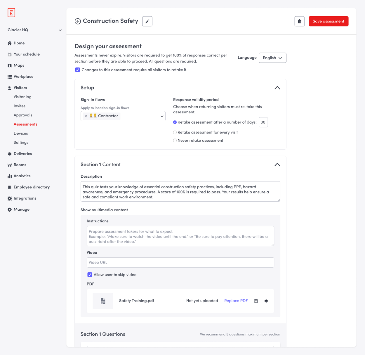 Assessment instructions field showing placeholder guidance that explains its purpose with two worked examples