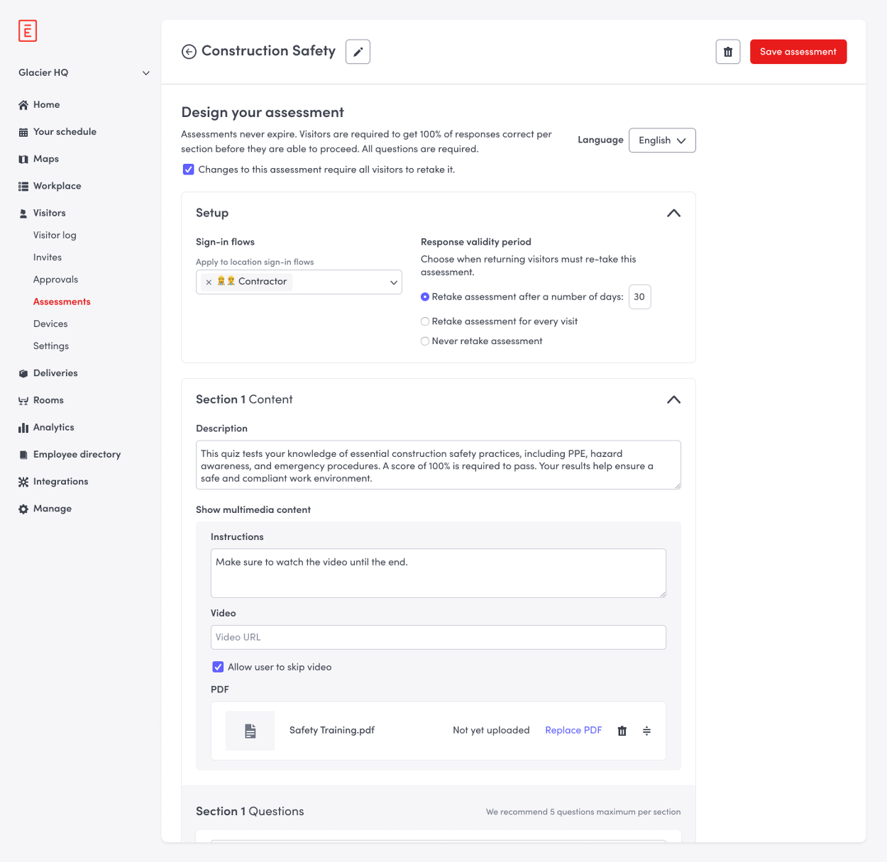 Assessment authoring with instructions filled in, an empty Video URL field, Allow user to skip video checked, and a PDF listed as not yet uploaded