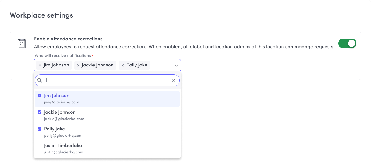 Workplace settings panel with a toggle enabling attendance corrections and a multi-select control choosing which admins receive request notifications