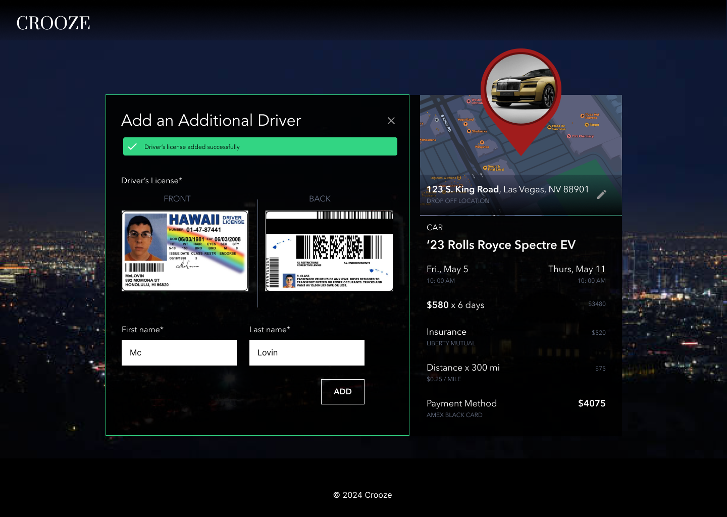 Add an additional driver modal with license front and back
