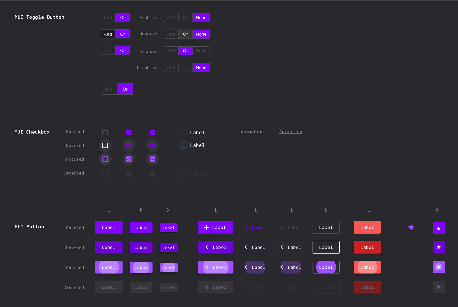 MUI toggle button, checkbox and button components documented across enabled, hovered, focused and disabled states, including the indeterminate checkbox