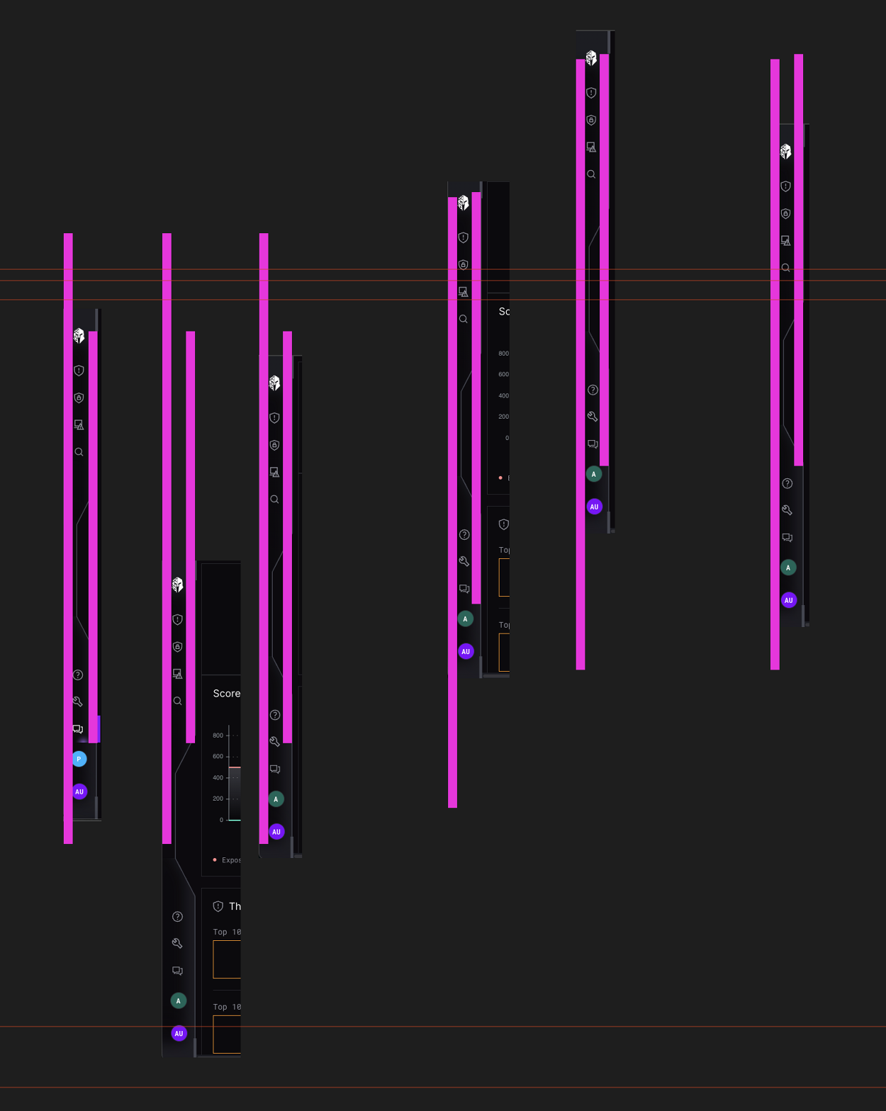 Navigation frames overlaid with magenta measurement bars and horizontal alignment guides comparing the built spacing against the design
