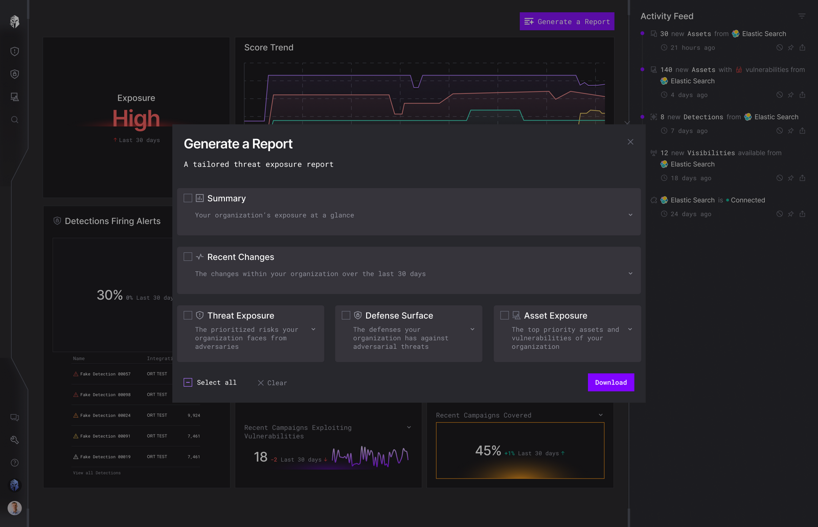 Redesigned Generate a Report dialog with five collapsed sections, each with a one-line description, plus Select all, Clear and Download