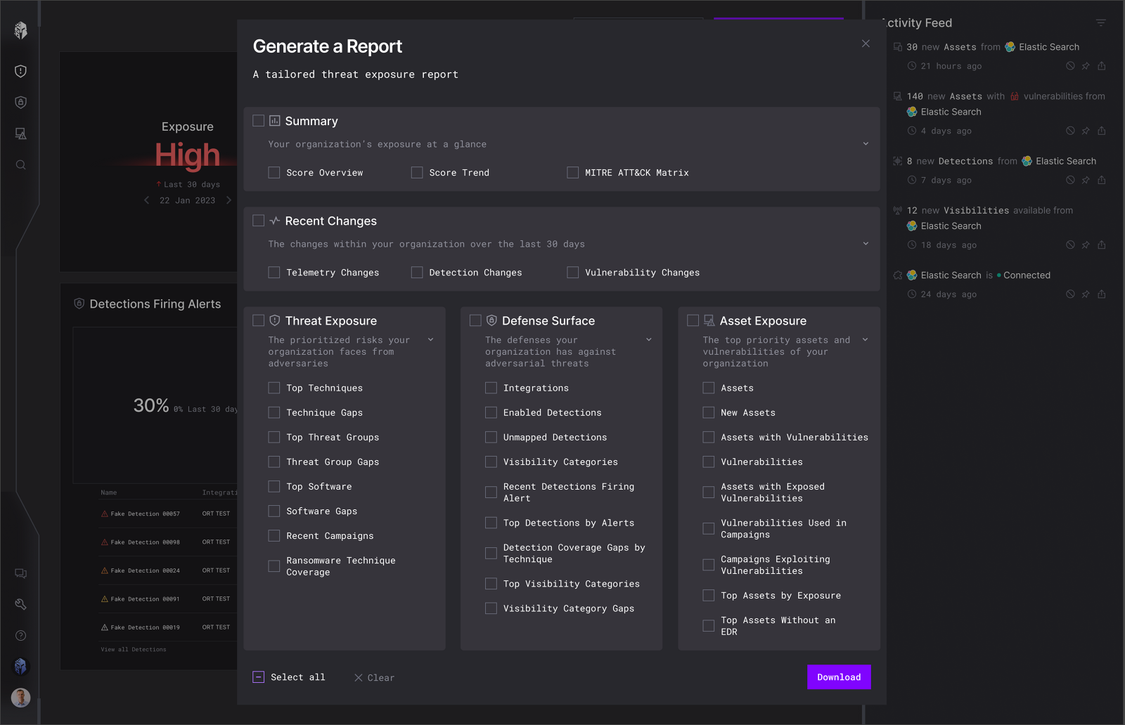 The same dialog expanded to reveal sub-options under Summary, Recent Changes, Threat Exposure, Defense Surface and Asset Exposure