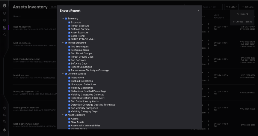 Original Export Report dialog with every section and sub-option expanded and pre-checked, filling the screen with nested checkboxes