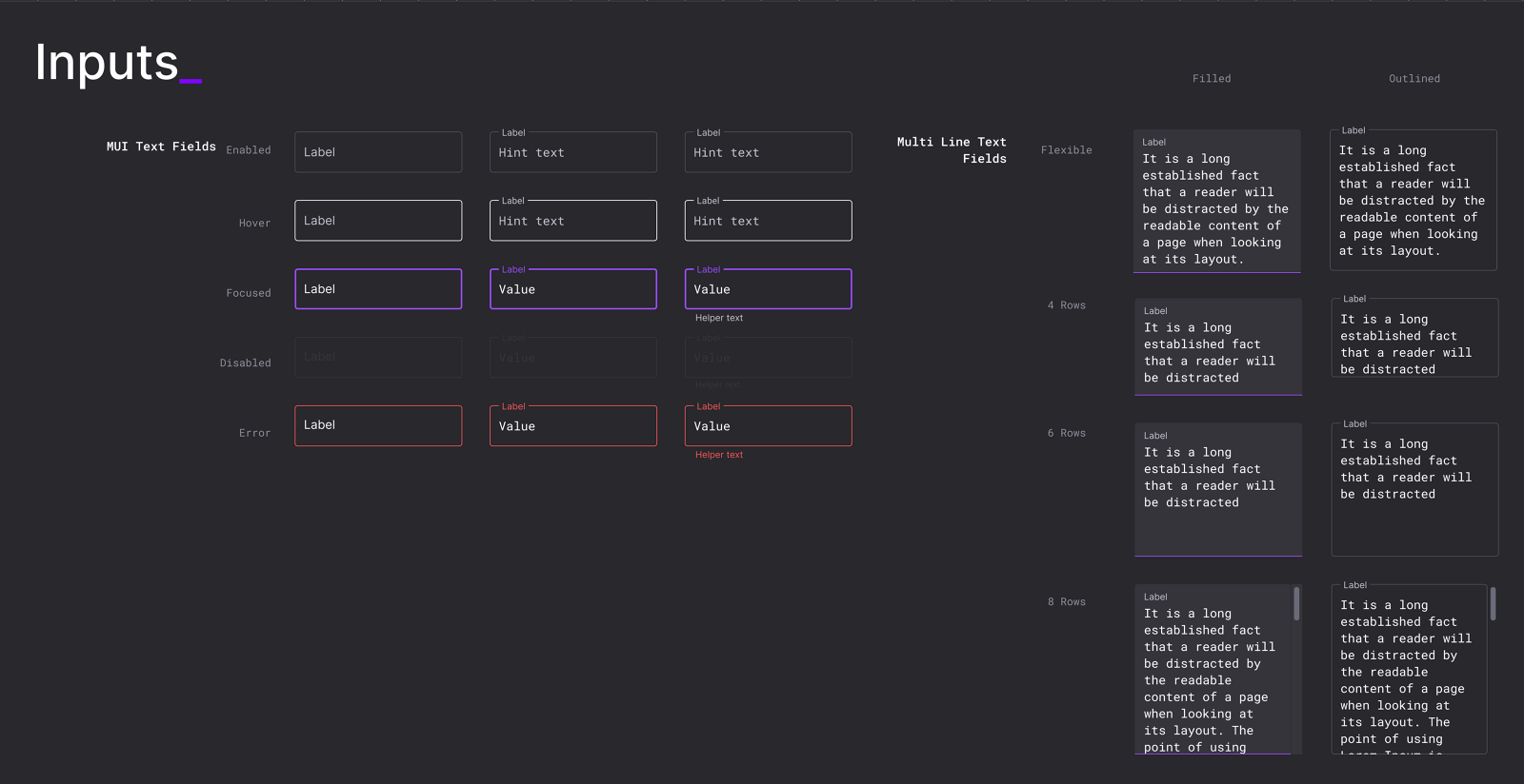 MUI text fields in enabled, hover, focused, disabled and error states, plus multi-line variants at four, six and eight rows in filled and outlined styles