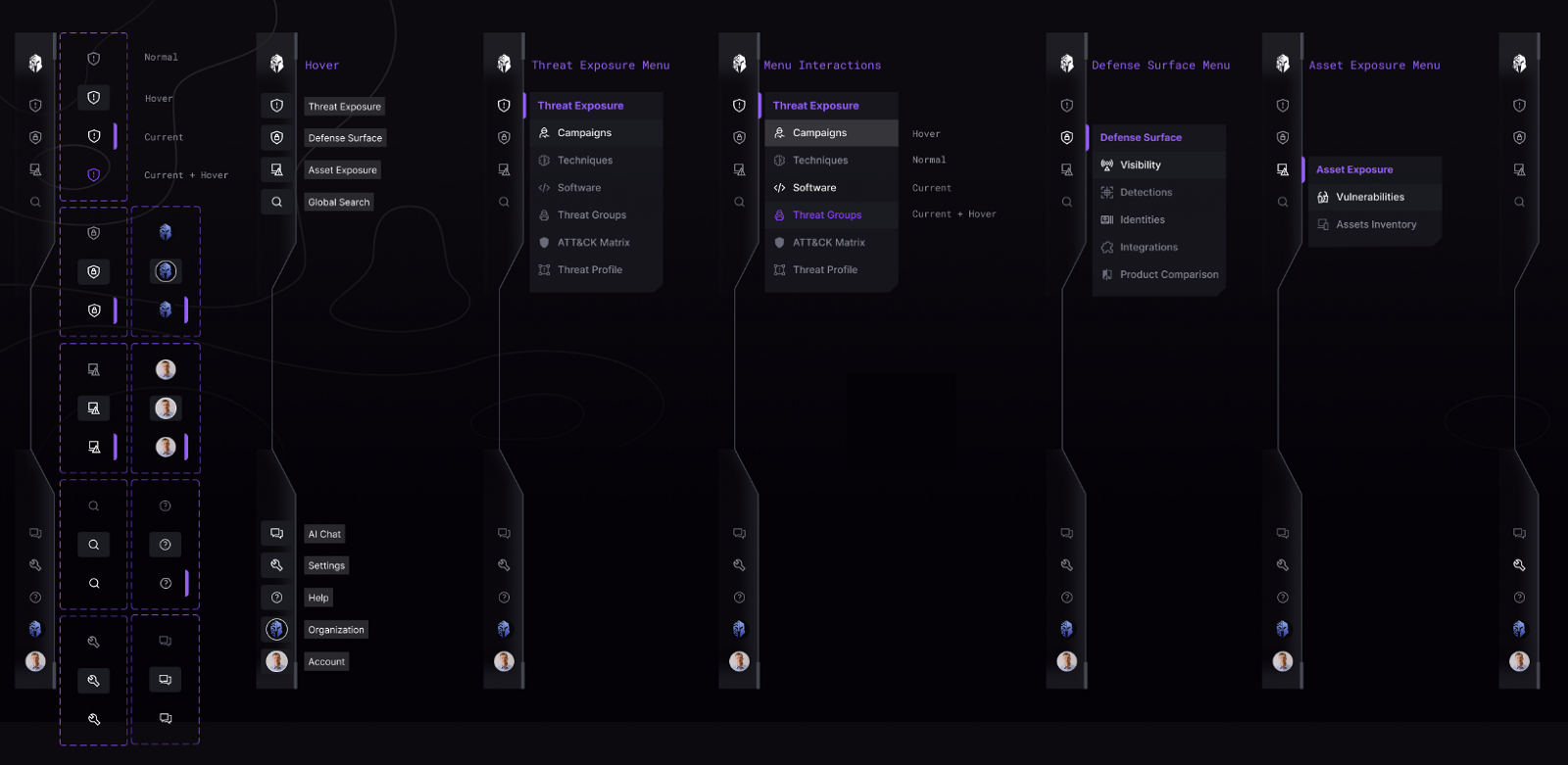 Consolidated navigation documented across seven frames showing normal, hover, current and current-plus-hover states for every rail item and each menu