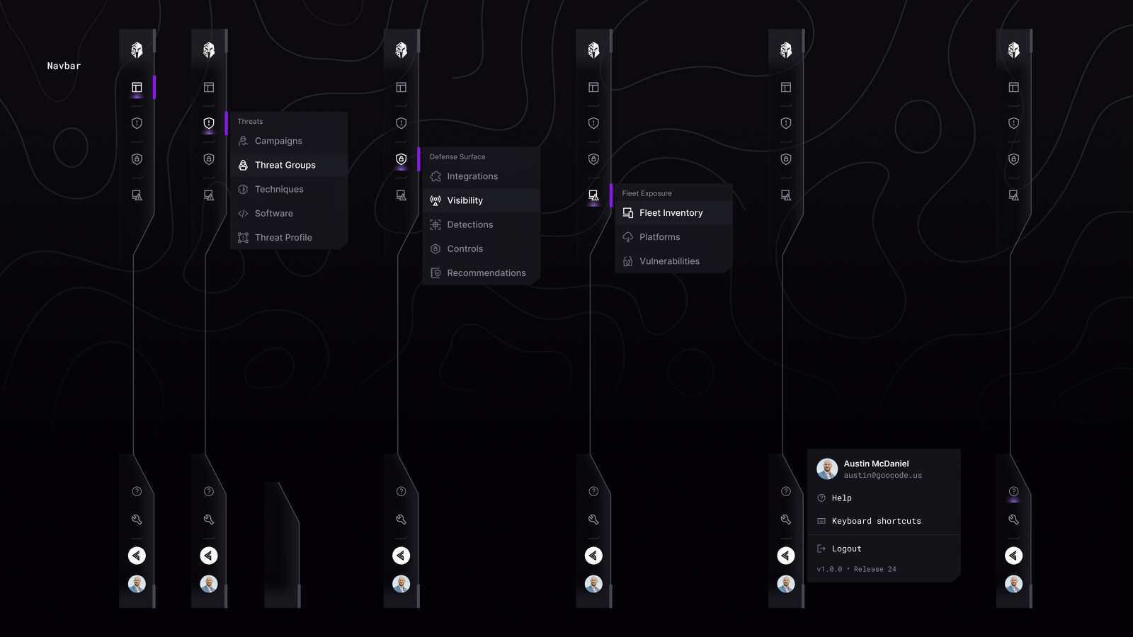 Earlier navigation rail with Threats, Defense Surface and Fleet Exposure menus opening flyout lists, plus an account popover