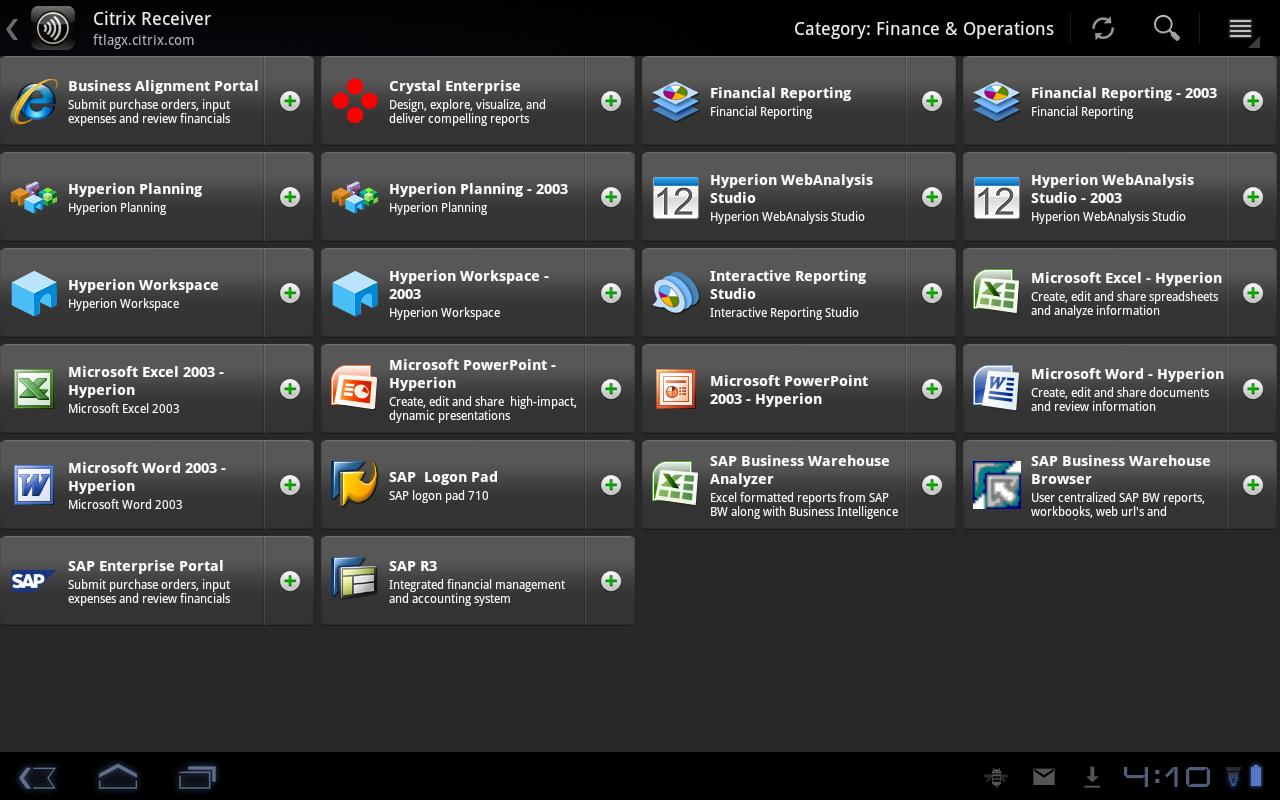 Receiver on an Android tablet showing a category of finance and operations apps as a grid of tiles with an add button on each