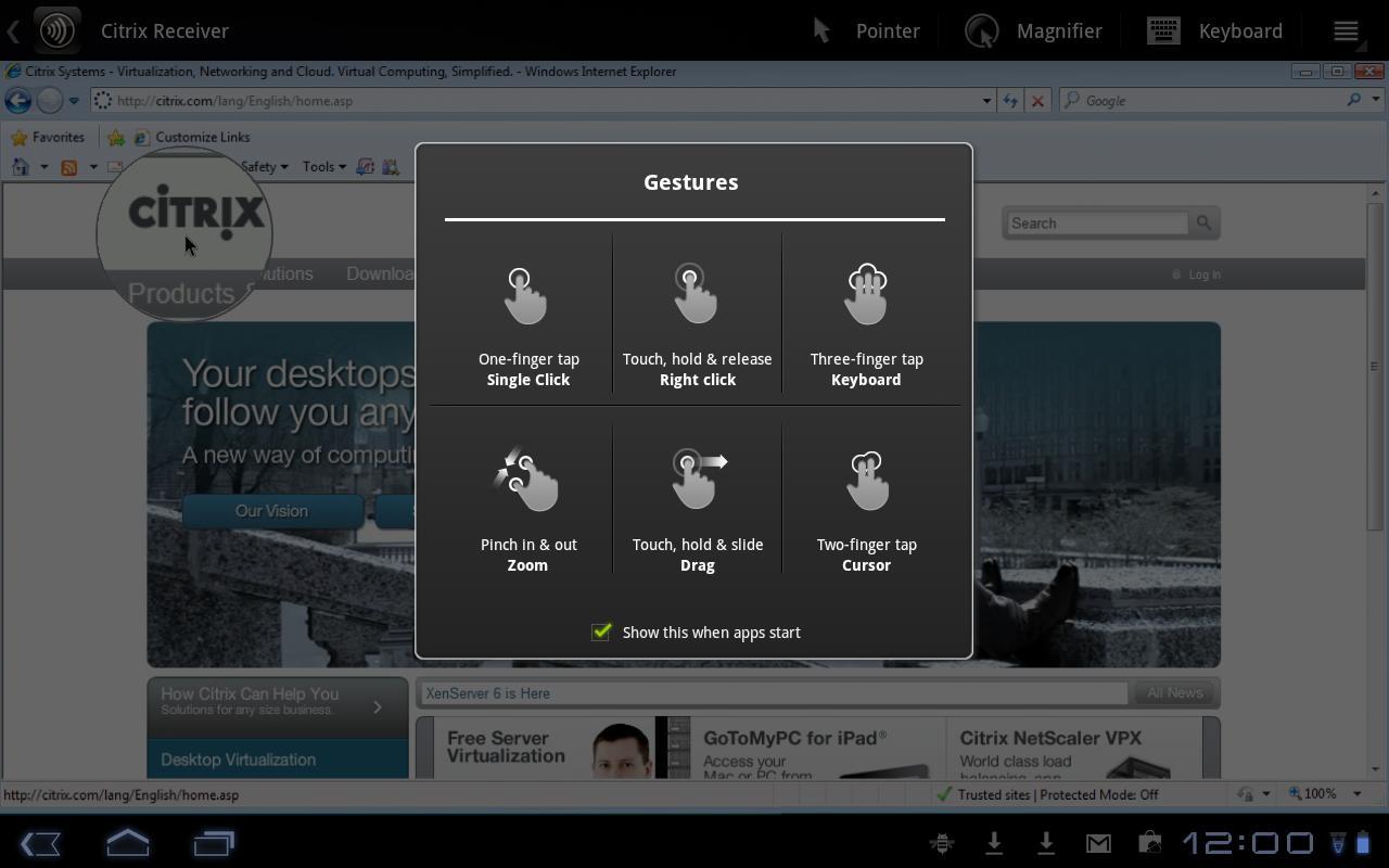 Receiver on an Android tablet showing a gestures help dialog for single click, right click, keyboard, zoom, drag and cursor, over a remote Windows desktop