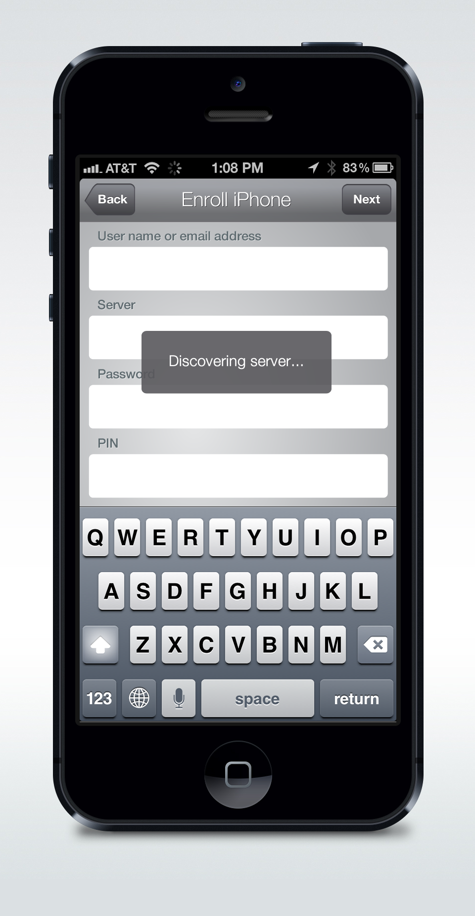 The iOS Enroll iPhone form with user name, server, password and PIN fields and a Discovering server message