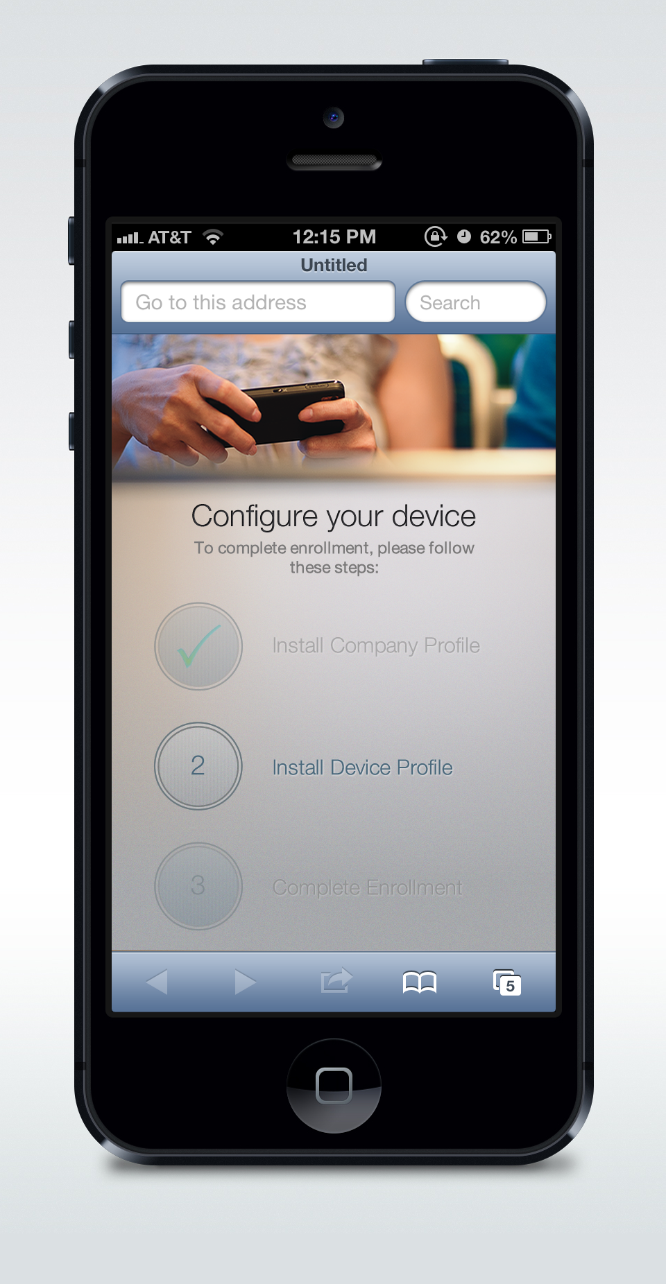The iOS Configure your device screen with three numbered steps, the first completed with a checkmark