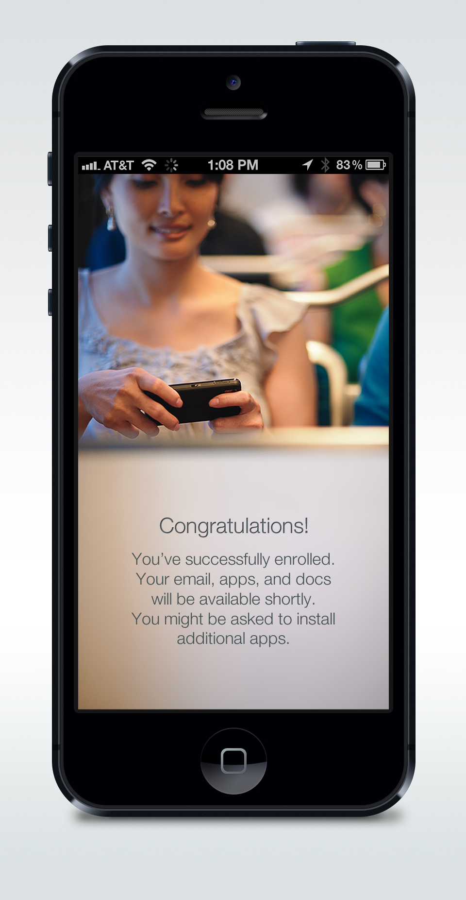 The iOS confirmation screen reading Congratulations, you have successfully enrolled
