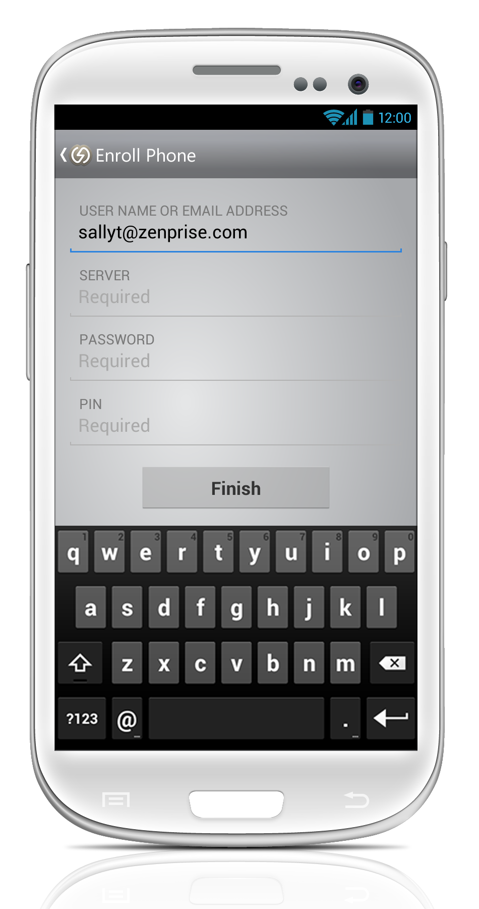 The Android Enroll Phone form with user name, server, password and PIN