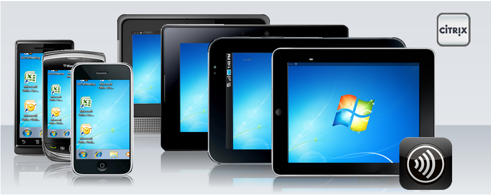 Citrix Receiver running the same Windows desktop on two phones, a BlackBerry, a PlayBook, an Android tablet and an iPad, with the Citrix logo and Receiver app icon