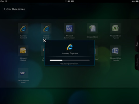 The Receiver iPad app showing an Internet Explorer launch dialog with a progress bar reading Requesting connection