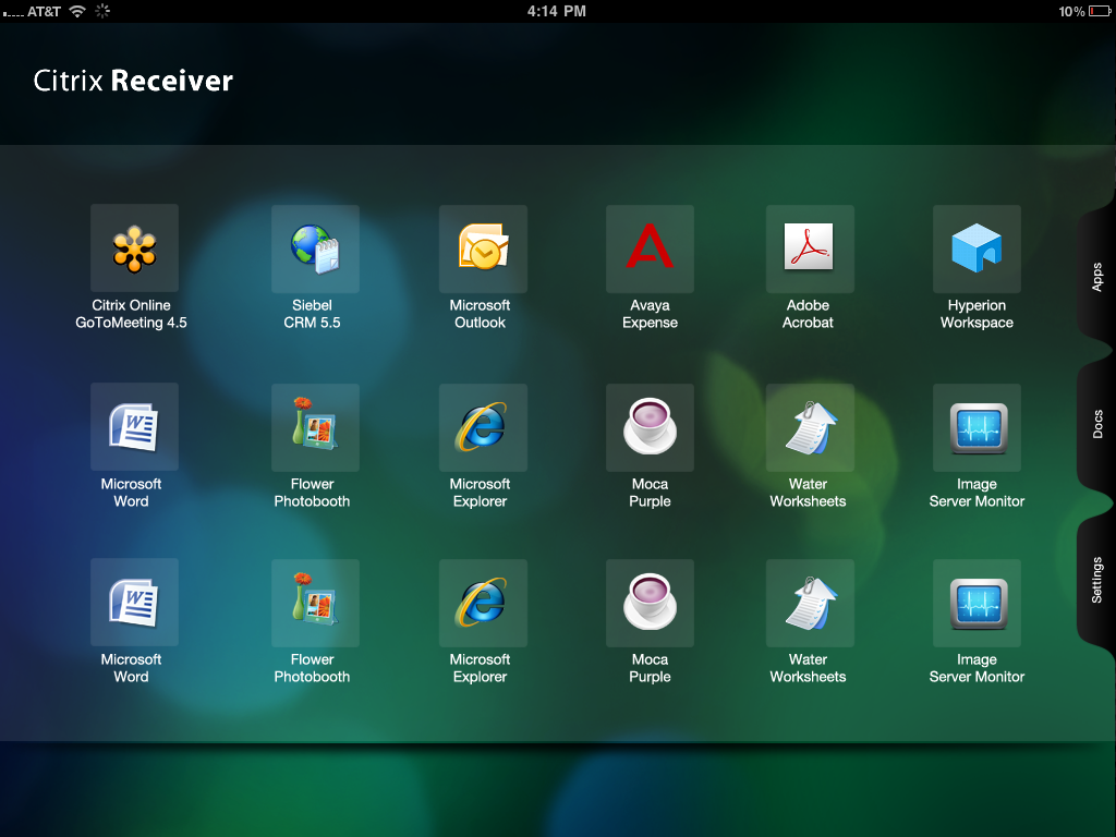 The Citrix Receiver iPad home screen: a grid of app icons over a dark green background, with Apps, Docs and Settings tabs on the right edge