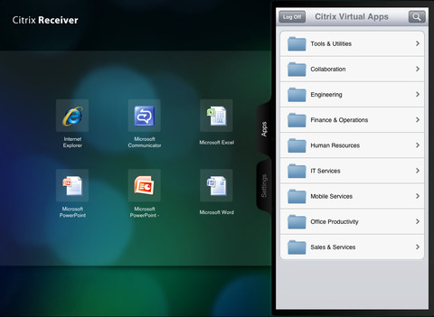 The Receiver iPad app with the Citrix Virtual Apps panel open, listing folders such as Tools and Utilities, Collaboration and Engineering