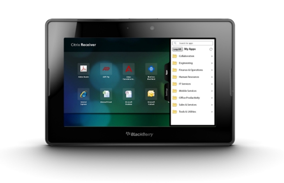 A BlackBerry PlayBook showing Citrix Receiver with an app grid and a My Apps panel open on the right