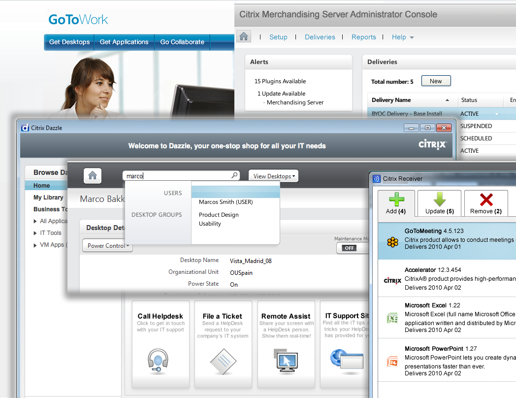 A collage of Citrix product screens from the period, including GoToWork, the Merchandising Server administrator console, Dazzle and Receiver