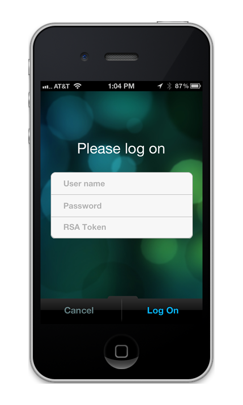 Citrix Receiver for iPhone: Log on with user name, password and RSA token.