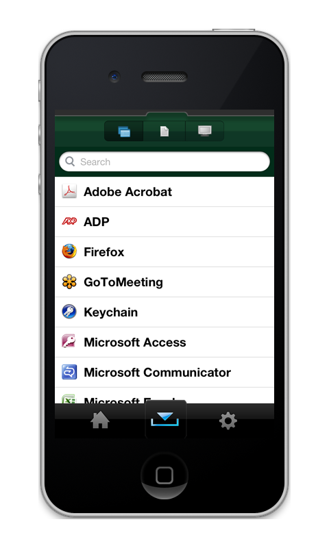 Citrix Receiver for iPhone: Add apps. A searchable list, with tabs for docs and desktops.