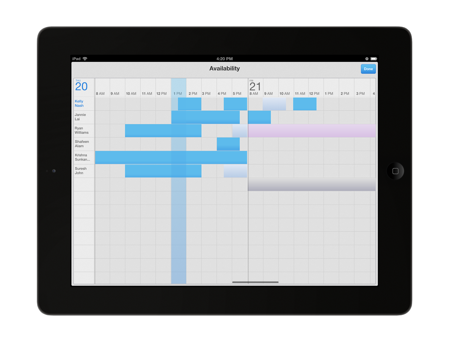 A full-screen availability view for invitees across two days, with busy blocks in blue and the proposed time highlighted