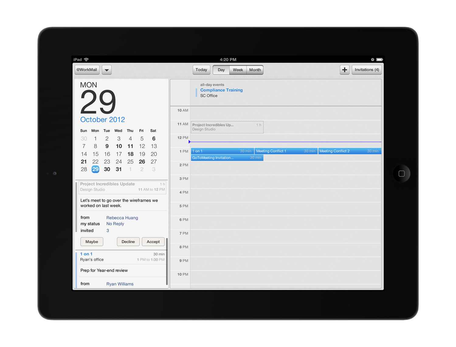 The @WorkMail iPad calendar in day view with a mini month, an event detail panel and a timeline with a scheduling conflict